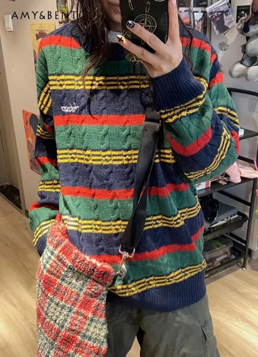 

Autumn Winter New Retro Style Women's Red Yellow Spliced Knit Sweater Couple Outfit Loose Casual Green Black Striped Sweater