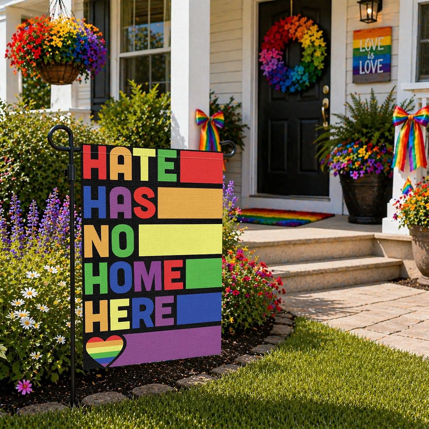 Heyfibro Hate Has No Home Here Garden Flag 12x18 Inch Double Sided Rainbow Pride Outdoor Banner for Pride Month Yard Patio P PPZ
