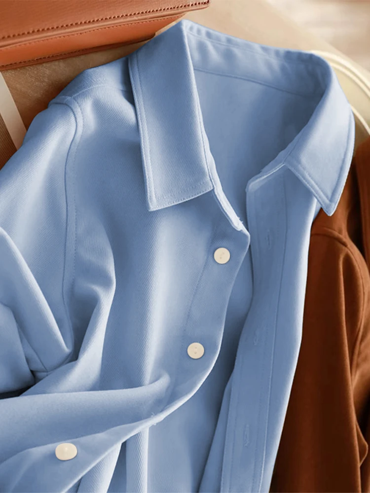 

Blue Fleece-lined Thickened Corduroy Women's Shirt Autumn Winter New Style Early Spring Layering Inner Wear Base Shirt Coat