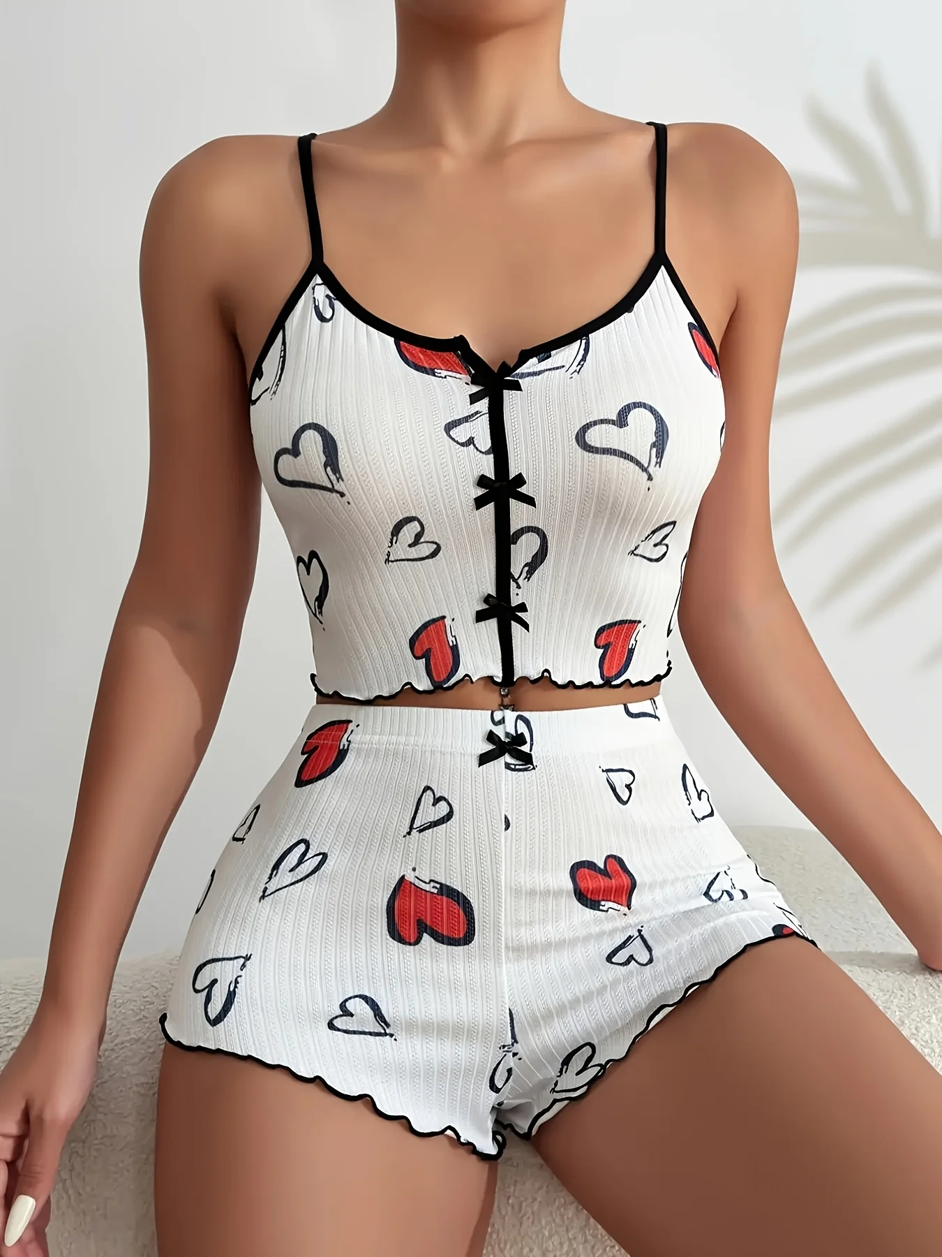 Women Pajama Set Heart Print Ribbed Sleepwear Cute Cami Top and Shorts Loungewear Summer Homewear Nightwear image 5