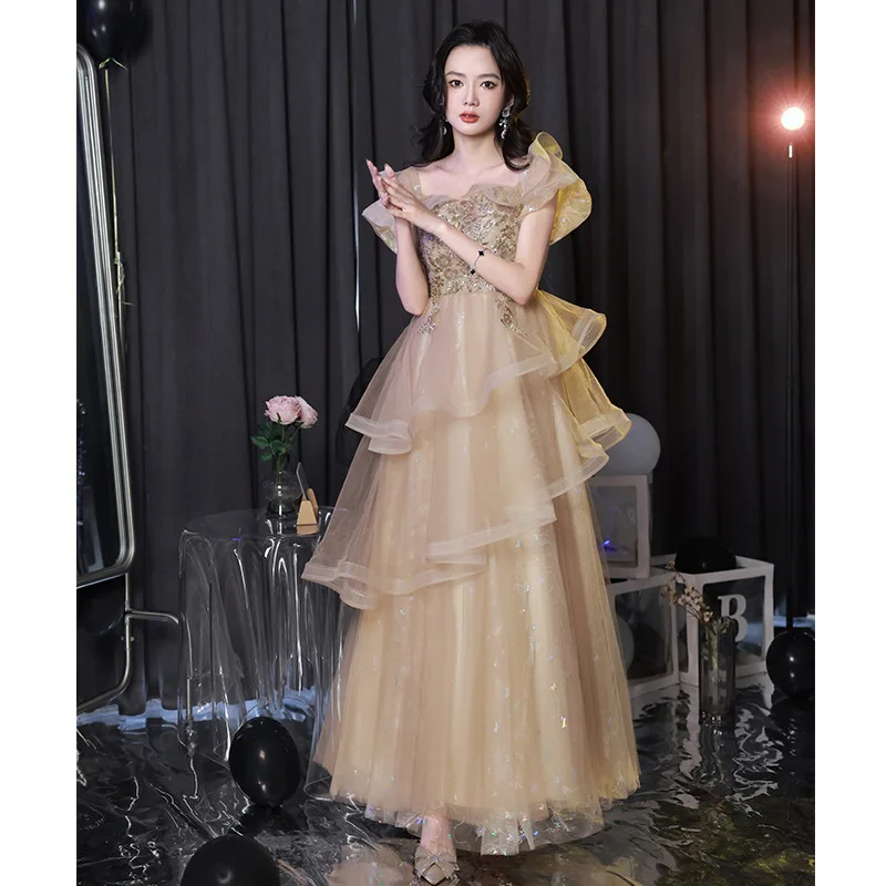 

2025 Summer New Women's Trendy Apricot Sequined Dress Fashion Champagne Host Adult Ceremony Banquet Art Exam Evening Dress