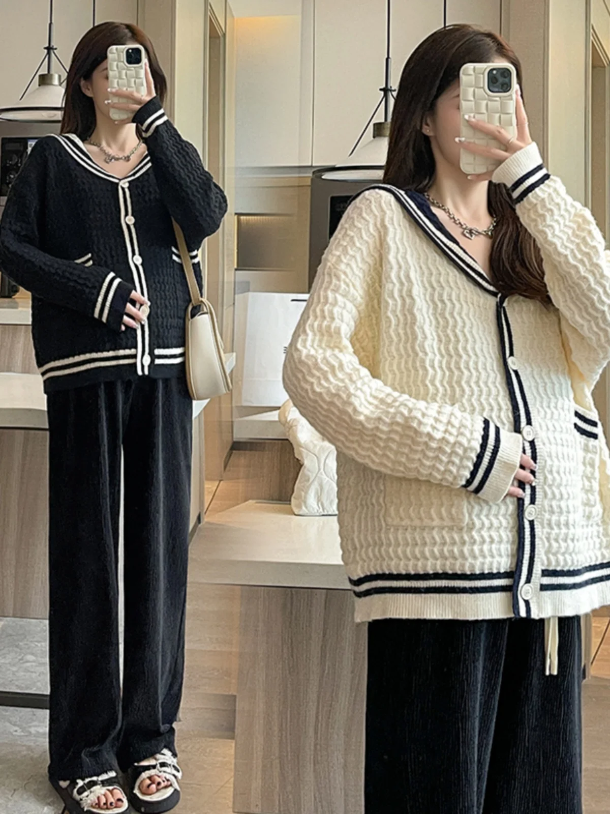 秋冬マタニティ服-ネイビーカラーセーター-肉感カバーアップコート-お腹サポートワイドレッグパンツ-ツーピースセット-春夏