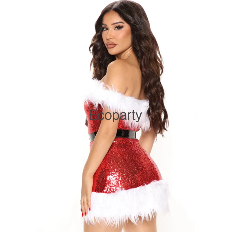 2023 Women Christmas Dress Sexy Feather Sleeveless Off Shoulder Bodycon High Waist Mini Dress New Year Party Xmas Costume