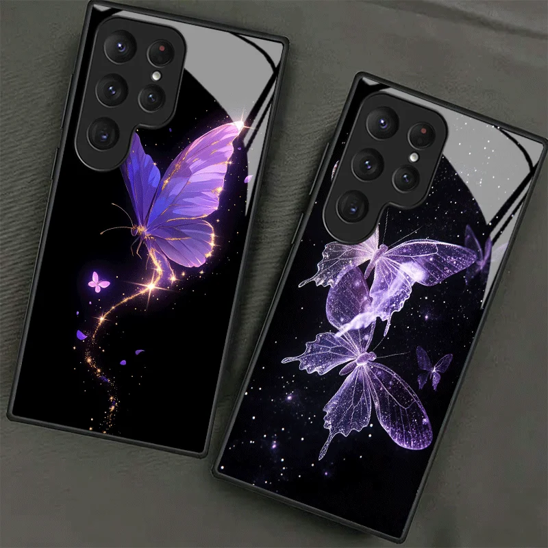 Beautiful Purple Butterfly Tempered Glass Phone Case for Samsung Galaxy S24 S25 S26 Ultra Edge S23 FE S22 Plus S21 + S20 Shockpr
