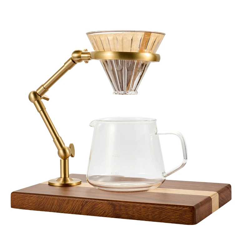 

Copper Wooden Brass Poured on Coffee Dripper Holder with Wooden Base Luxury Coffee Machine Tool