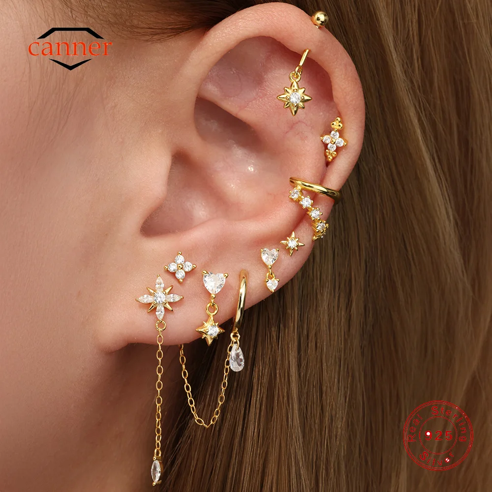 

CANNER 1PC 925 Sterling Silver Eight-pointed Star Zircon Piercing Earrings For Women Ins Petal Heart-shaped Tassel Stud Earring