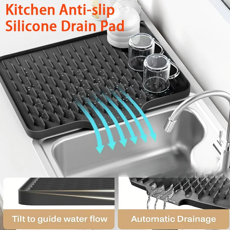 Kitchen Silicone Drain Mat Anti Slip Heat-resistant Silicone Tableware Drying Pad Dish Rack Suitable For Countertops Sink JJ2713