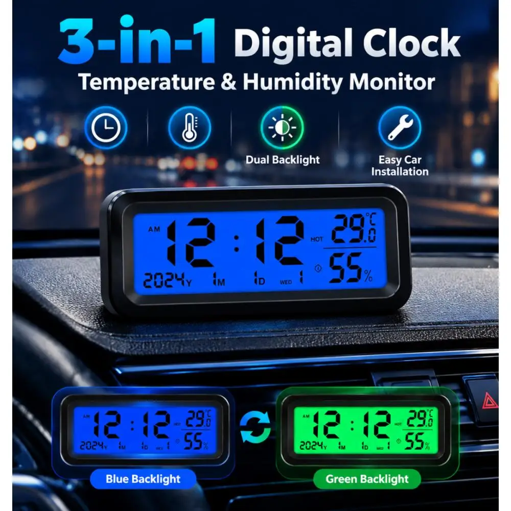 Solar Car Digital ClockLCDBacklight Auto Electronic Clock Time Date Week Temperature Humidity Meter Dashboard Paste Car Interior