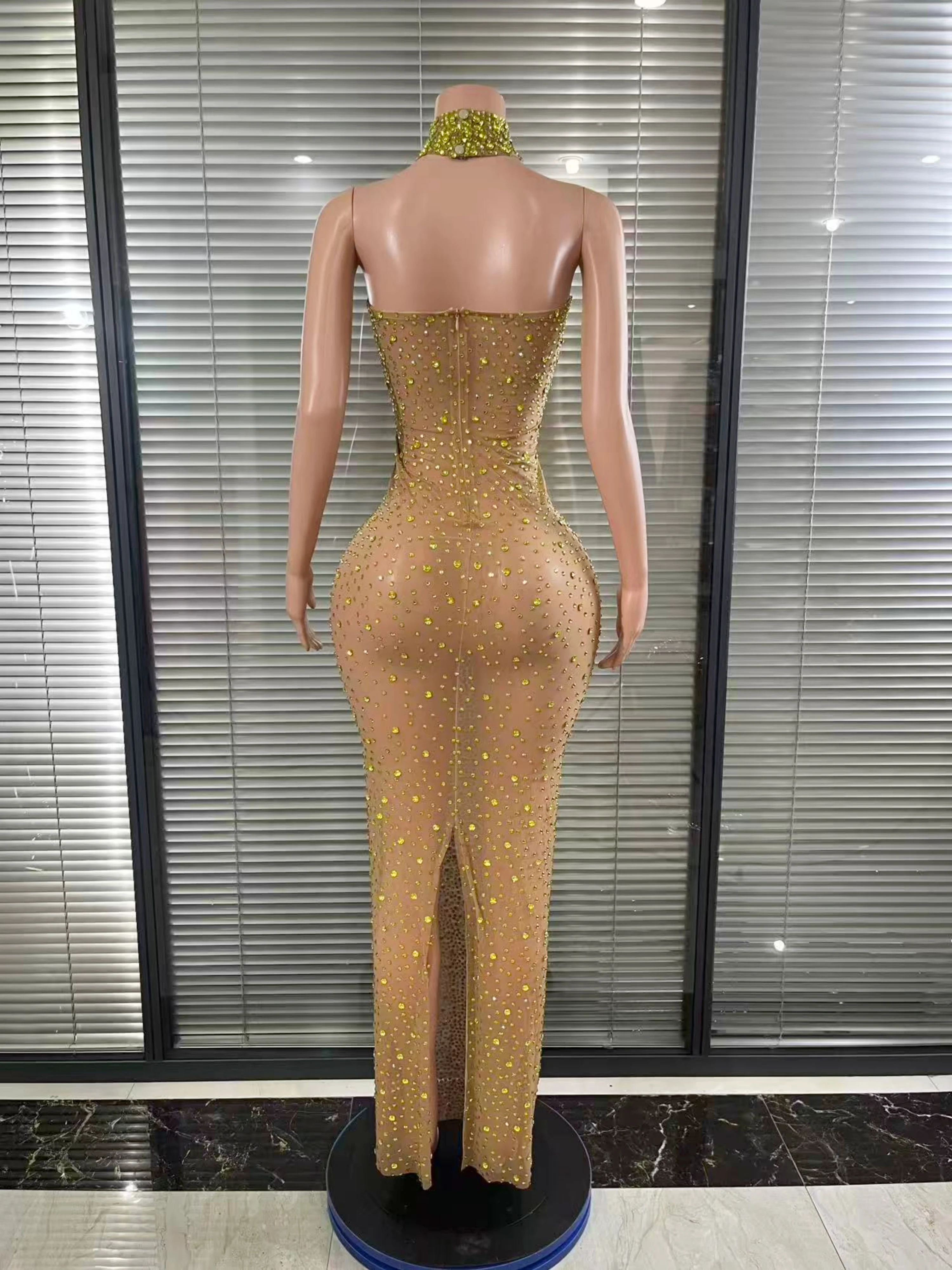 Opulentes, glitzerndes, ärmelloses langes Kleid mit Strasssteinen, sexy Mesh, transparent, Feiern, Hochzeit, Abschlussball, Geburtstag, Nachmittagstee-Kleid