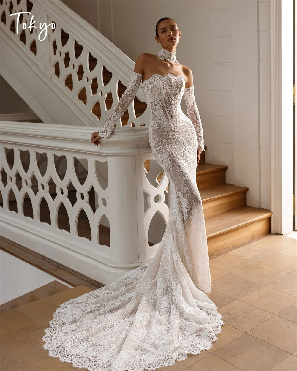 Токио Индивидуальные элегантные свадебные платья без бретелек с вырезом и съемными рукавами, свадебные платья со шлейфом, свадебные платья русалки