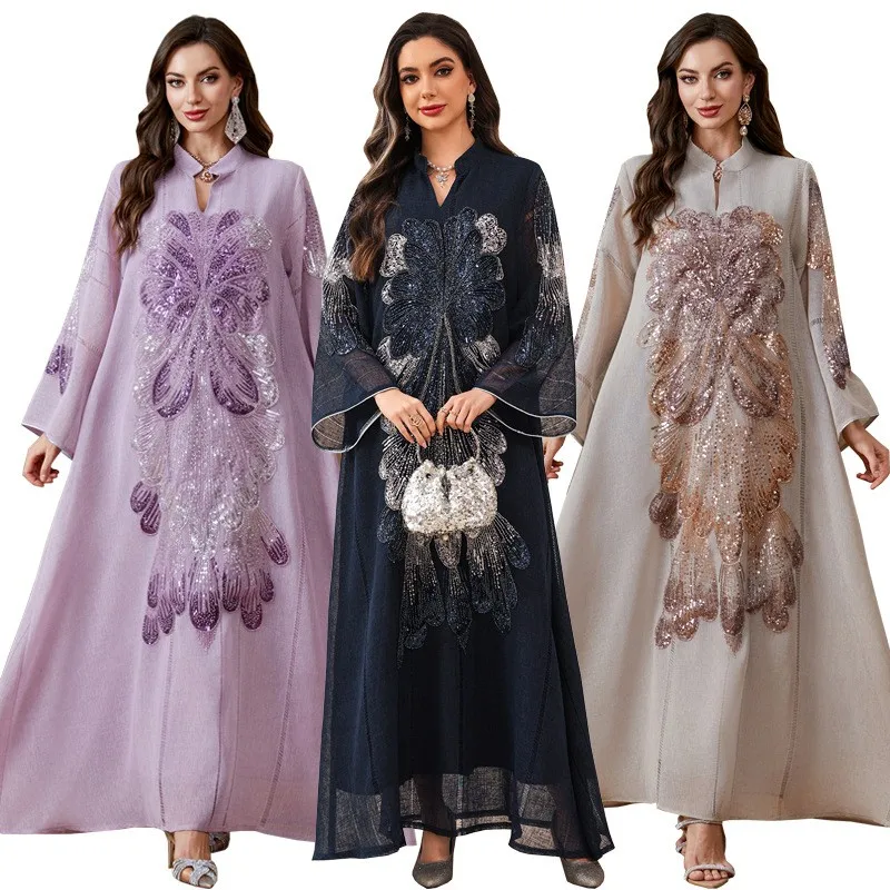

Summer Women's Clothing Beaded V Neck Loose Slimming Long Dress For Maxi Evening Gown Dola Full Length Sleeve