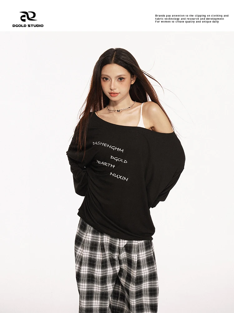 

White Little Fi Original Pure Desire Sexy Slant oulder Loose Casual Long Sve T-irt Women's Top Spring Autumn New S...