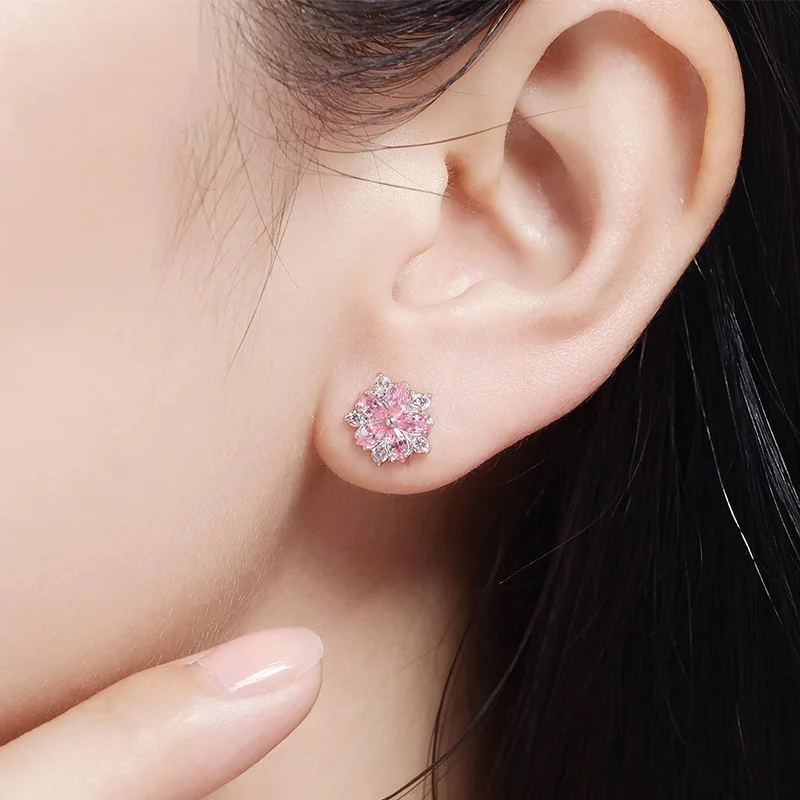 Pink Cherry Flower Blossoms Flower Crystal Stud Earrings Silver Color Ear Studs Women\'s Fine Jewelry Mother\'s day Birthday Gift