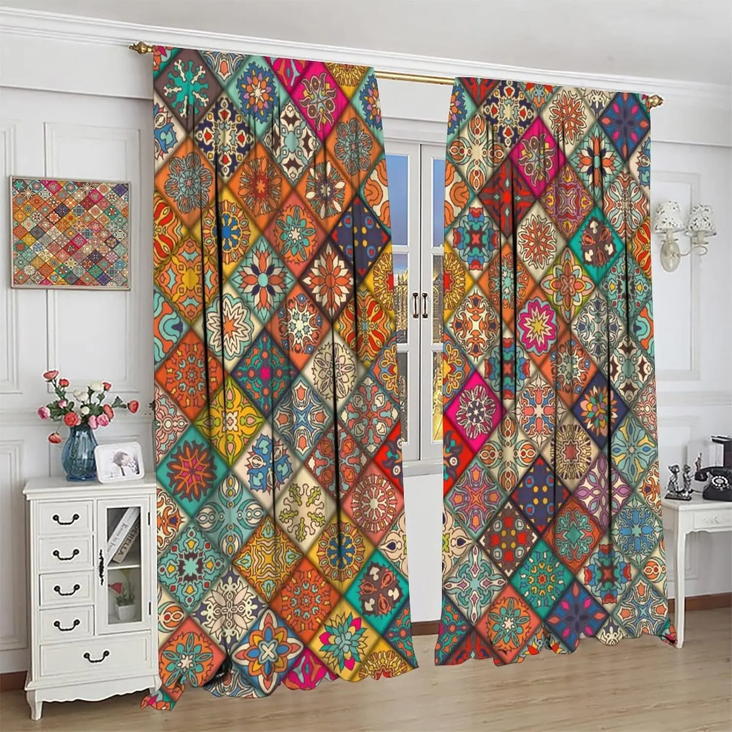 Bohemian Blackout Vintage Colorful Geometric Pattern Pocket Curtains Abstract Floral Decor Drapes Living Room Bedroom Kitchen