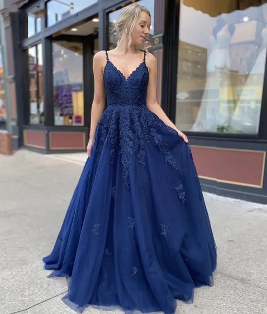 Navy Blue Prom Dresses Long Spaghetti Strap Lace up Back Appliques Formal Women Evening Gown Custom vestidos de fiesta 2024