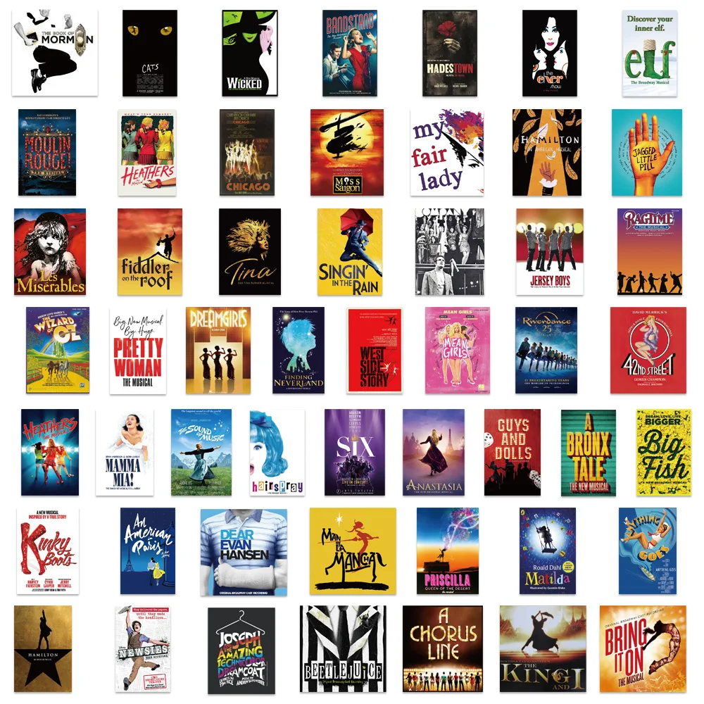 52Pcs Broadway Musical Poster Stickers Decals Decoration for Diary Motorcycle Phone Scrapbook car Laptop Graffiti Sticker