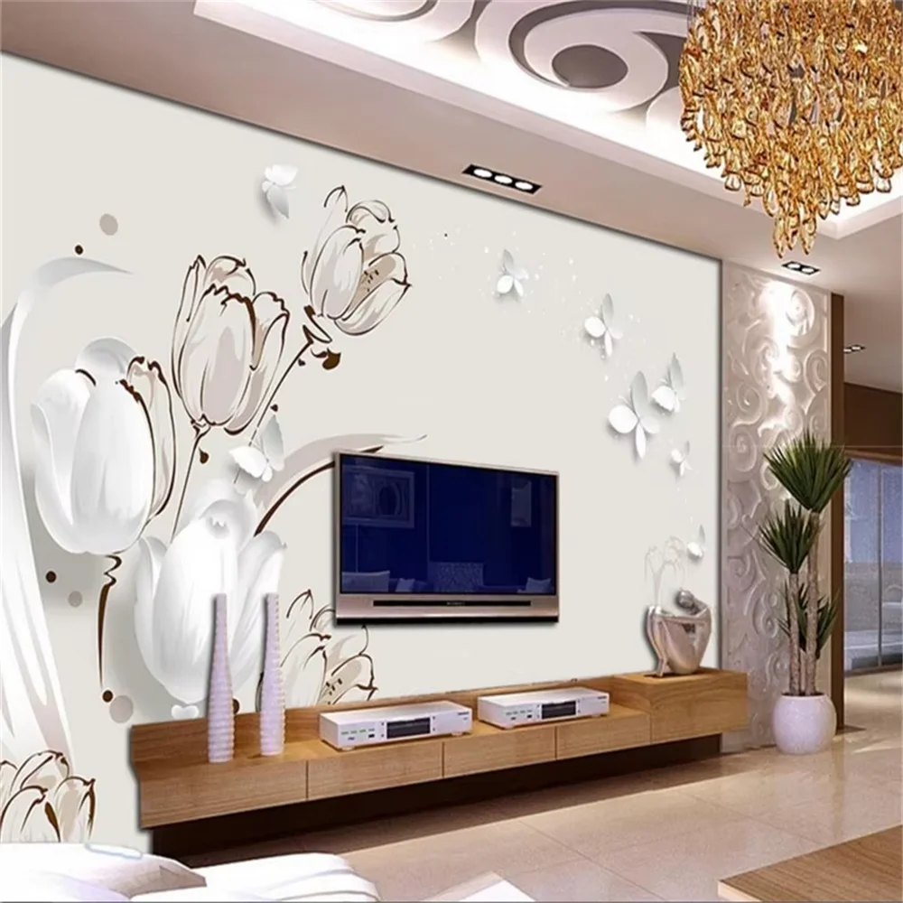 Custom Tulip Butterfly TV Wall mural photo wallpaper stylish minimalist bedroom living room photo wall paper modern painting