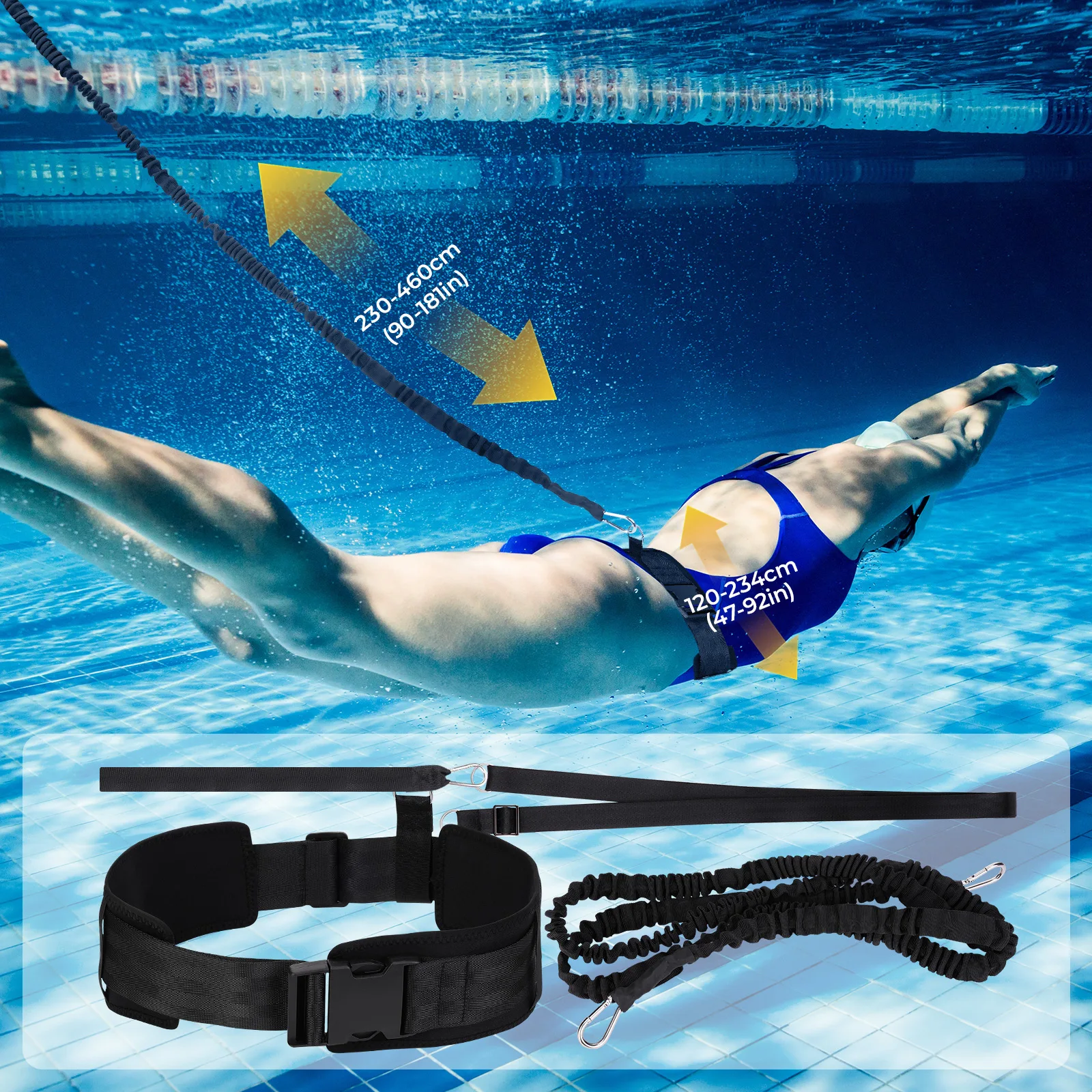 Cinturón de Goma para Entrenamiento de Natación, Cuerda de Seguridad, Cinturón Elástico de Resistencia para Piscina, Ajustable, 1-2 Piezas