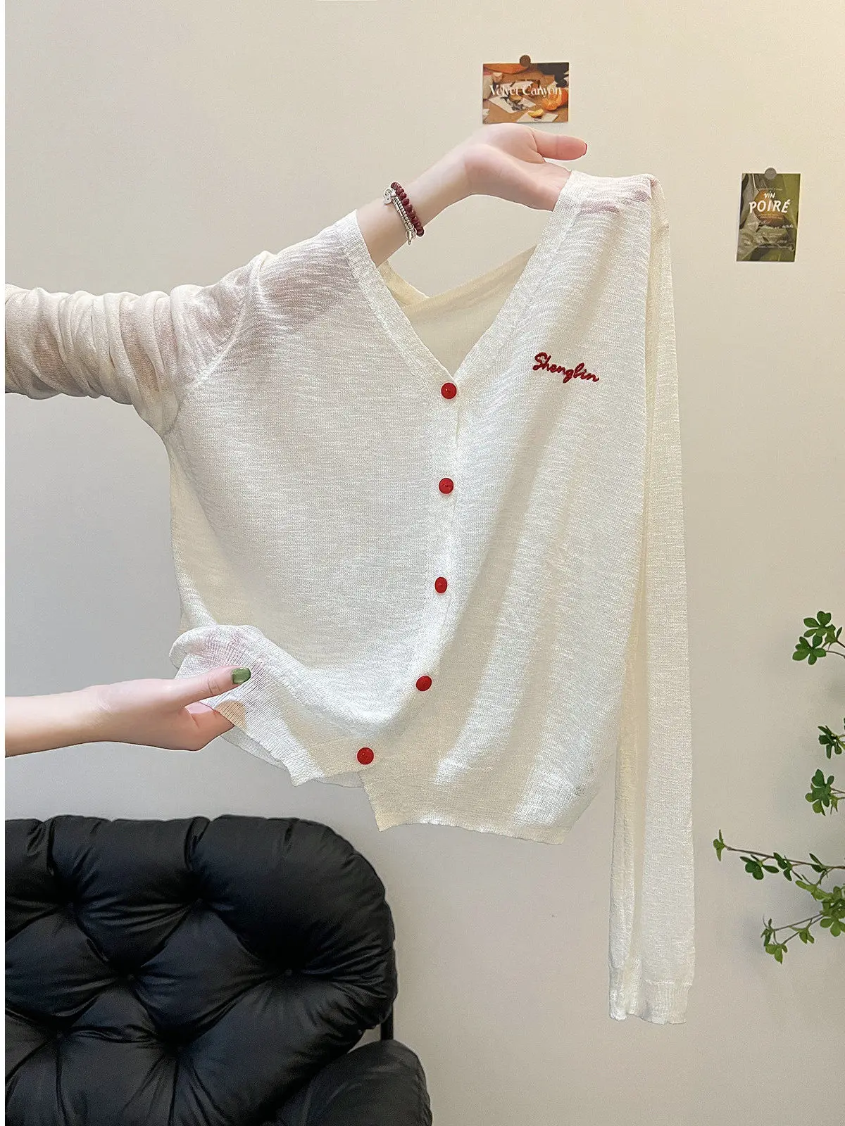 Ice Silk Knitted Open Cardigan Thin Beautiful Top Sun Protection Air Conditioning Design White V-neck Long Sleeve T-shirt Wom...