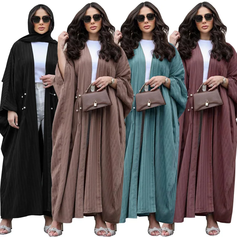 

Muslim Women's Fashion Turkey Striped Casual Long Loose Abaya Cardigan Robe Solid Color Pearl Beading