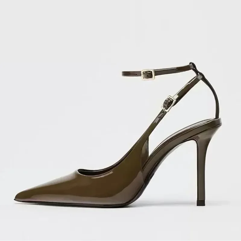 Sandalias de tacón con punta estrecha de charol para mujer, zapatos de tacón elegantes para vestido de fiesta, correas en el tobillo, tacones altos sexis para oficina para mujer