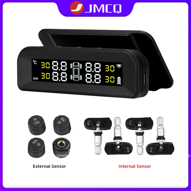 

JMCQ TPMS Car Tire Pressure Monitor System Multi-angle Adjustable Attached To Glass Wireless Solar Power Tpms with 4 Sensors