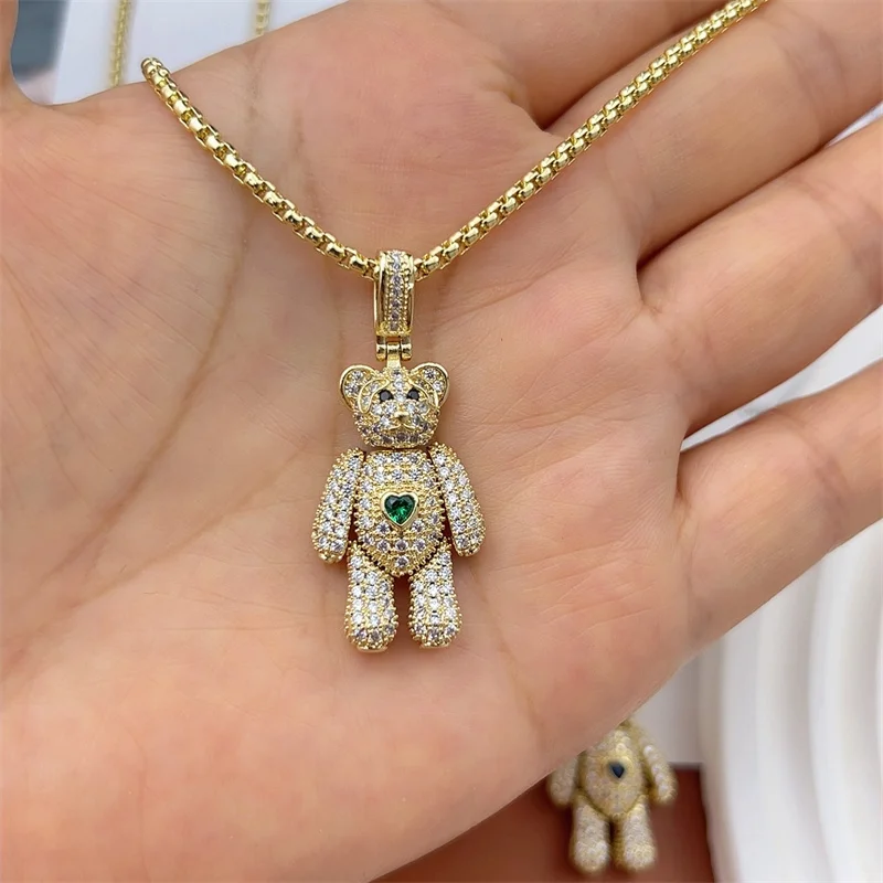 2023 New Hot Sale Cute CZ Teddy Chunky Big Crystal Bear Heart Charms For Women CZ Rhinestone Necklace Gold Plated Jewelry Gifts