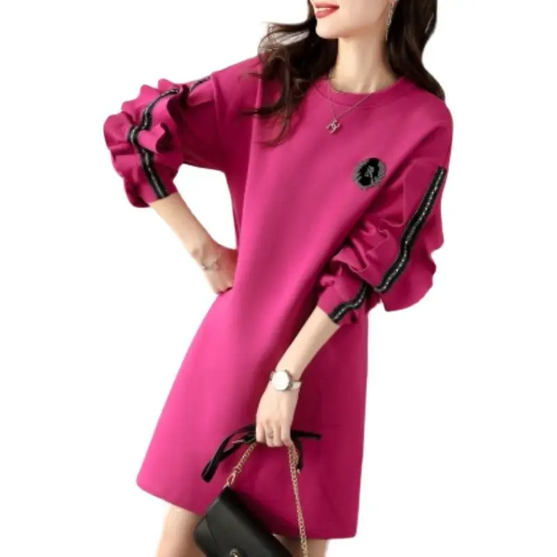 Spring Autumn New Simple Fashion Versatile Long Sleeve Medium Long Dress Lotus Leaf Sleeve Hoodie Rose Red Dress for Women