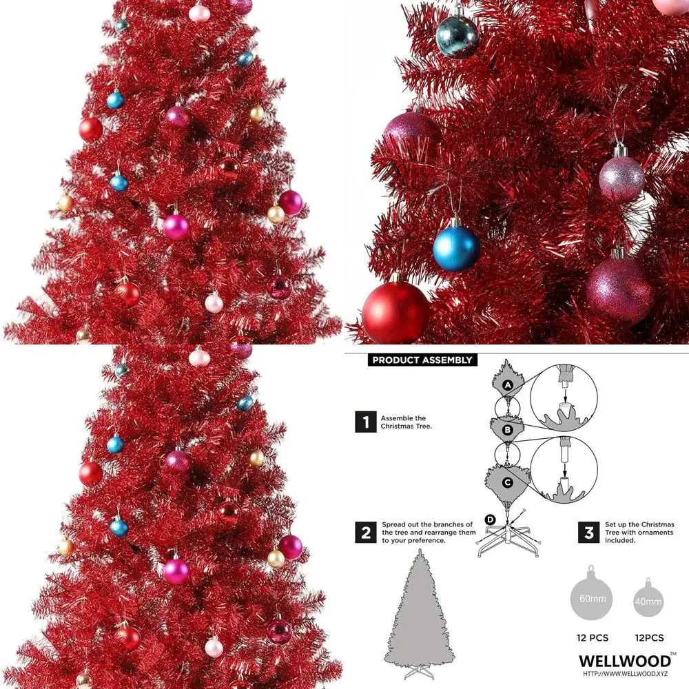 

6-Foot Tinsel Christmas Tree with 24pc Assorted Ornament Set, Metal Base, Simple Assembly - Red