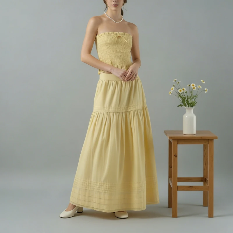 

Tsiisd Casual Pleats 2 Piece-Set Long Skirt Women Beach Holiday Style Ruffled Strapless And Patchwork Maxi Skirt Female Outfits