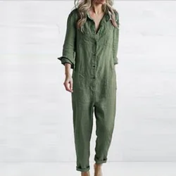 Vintage Single Breasted Button Design Jumpsuits Women Cotton Linen Turn-down Collar Elastic Waist Romper Solid Pockets Overalls