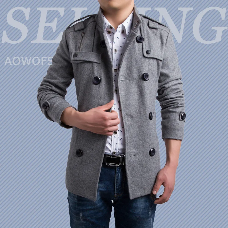 

British men's woolen double-breasted coat stand-up collar tweed coat