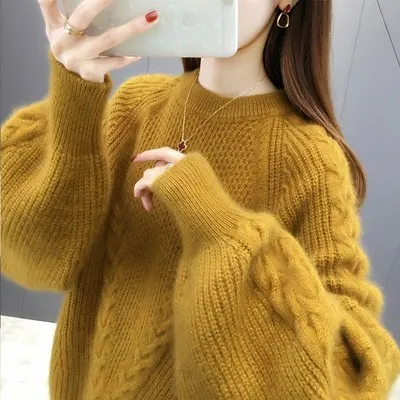 

Red Knitted Sweater Women's Spring Thiened Loose Lazy Sle Lantern Sve Faionable Knitted Base irt f High round Ne