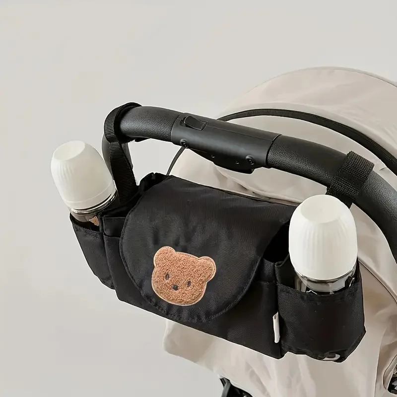 Fashionable Baby Stroller Storage Bag, Cute Teddy Bear Head Embroidered Stroller Bag, Baby Stroller Hanging Storage Bag