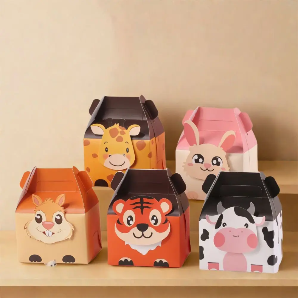 

10pcs Cartoon Safari Birthday Favors Boxes Tigers Giraffes Paper Box Zoo Animals Theme Boxes Rabbits Cows DIY Gifts