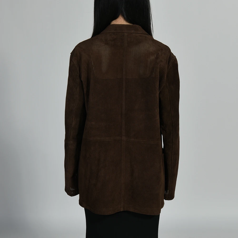 Jaxmonoy 2025, Frühjahr, neue echte Wildlederjacke, Damenmode, ausgehöhlte Echtlederjacke, Damen-Herbst-Ziegenleder-Wildleder-Blazer