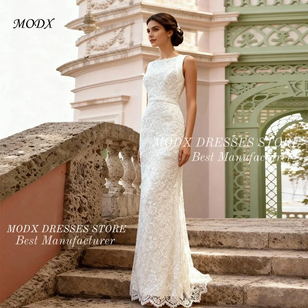 MODX Exquisite O-Neck Lace A-Line Wedding Dress Sleeveless Bridal Gown Floor Length Customized Vestidos Novias Boda Women