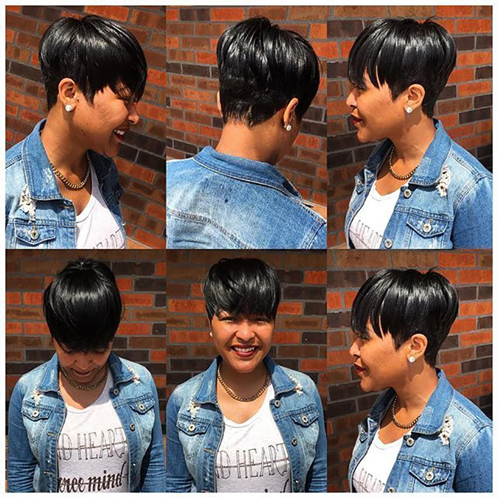 ショートストレート人毛ウィッグ ピクシーカット ブラジル人毛 100%人毛ウィッグ 前髪付き 機械製 生え際処理済み すぐに着用可能