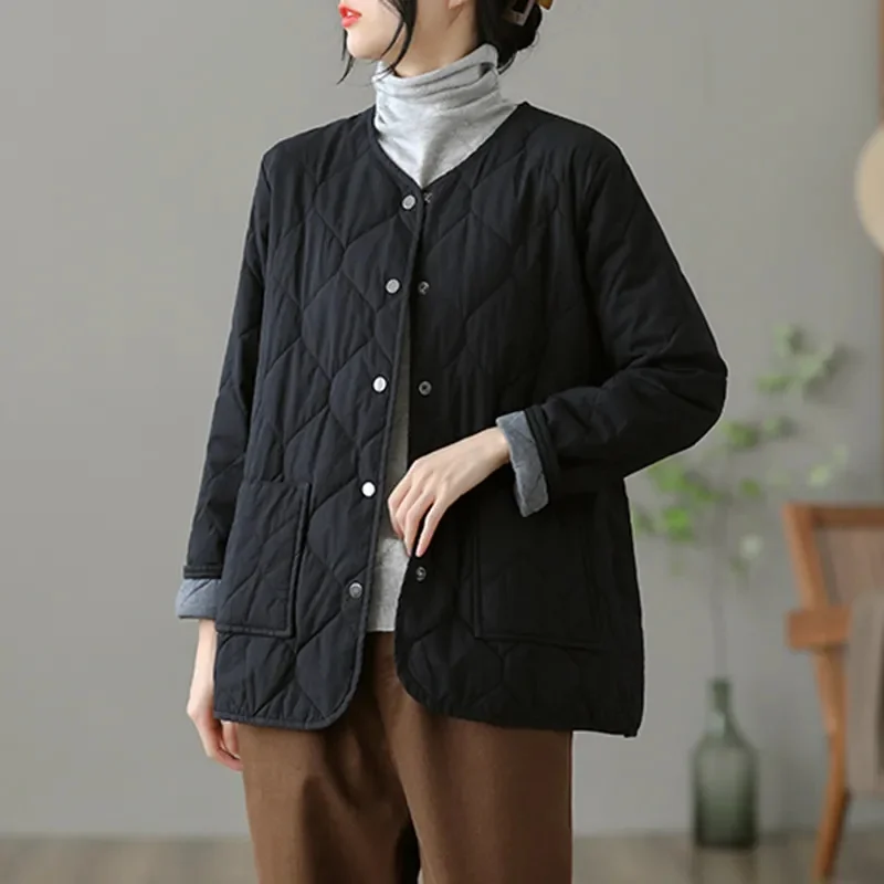 2024 New Korean Women Puffer Short Jacket Cotton Padded Casual O Neck Coats Fall Button Up Solid Thin Parkas Soft Cotton Clothes