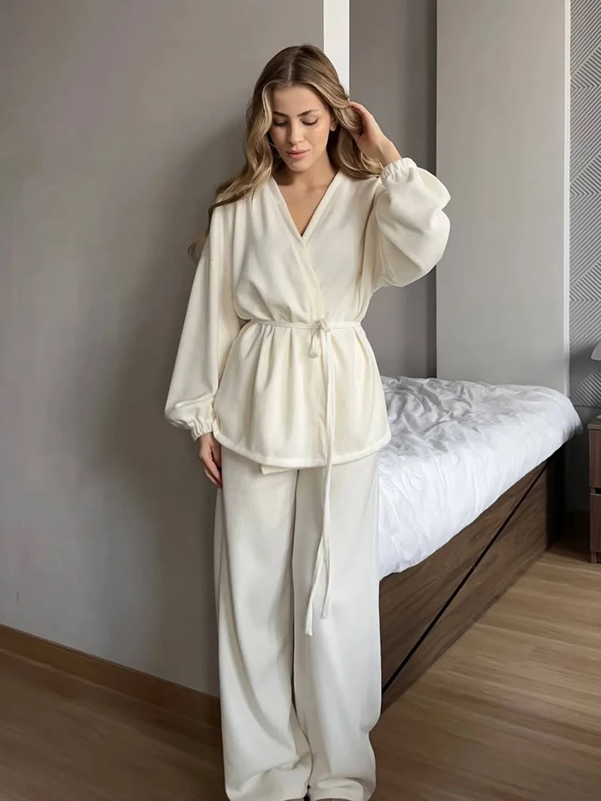

Marthaqiqi Knitted Female Nightwear Suit Lace Up Pajamas Long Sleeve Robe Sexy V-Neck Sleepwear Pants Casual Women Nightgown Set