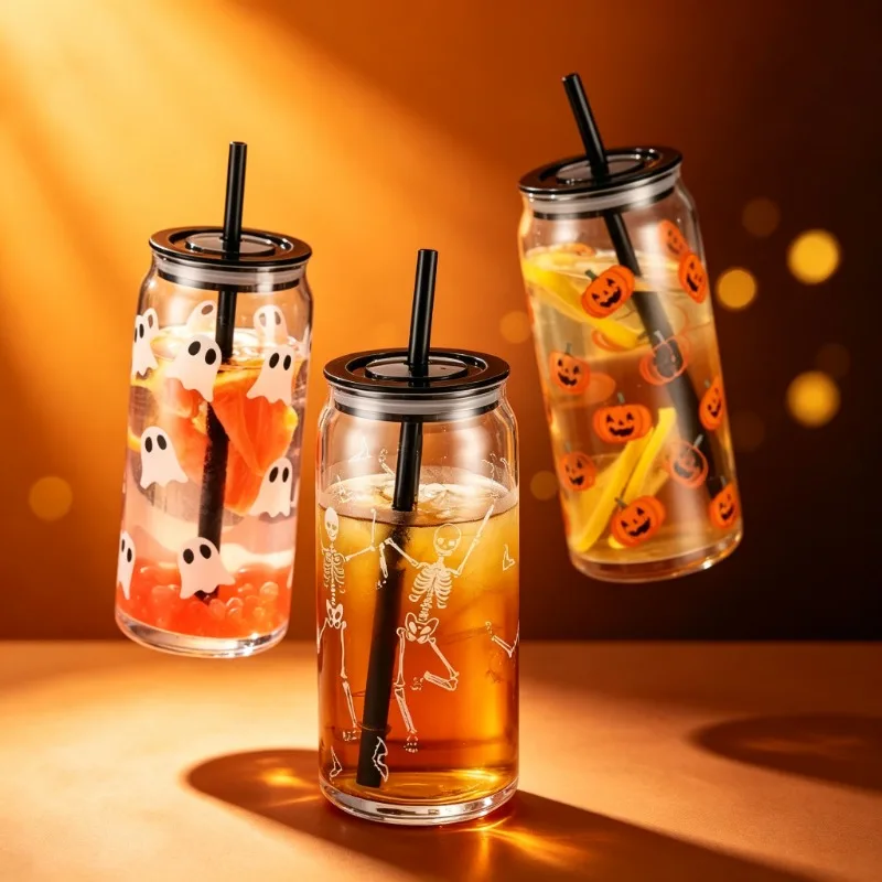 Halloween Creative Cola Cup Soda Lime Glass Drinking Cup with Straw for Spooky Party Home Kitchen Dining Gift