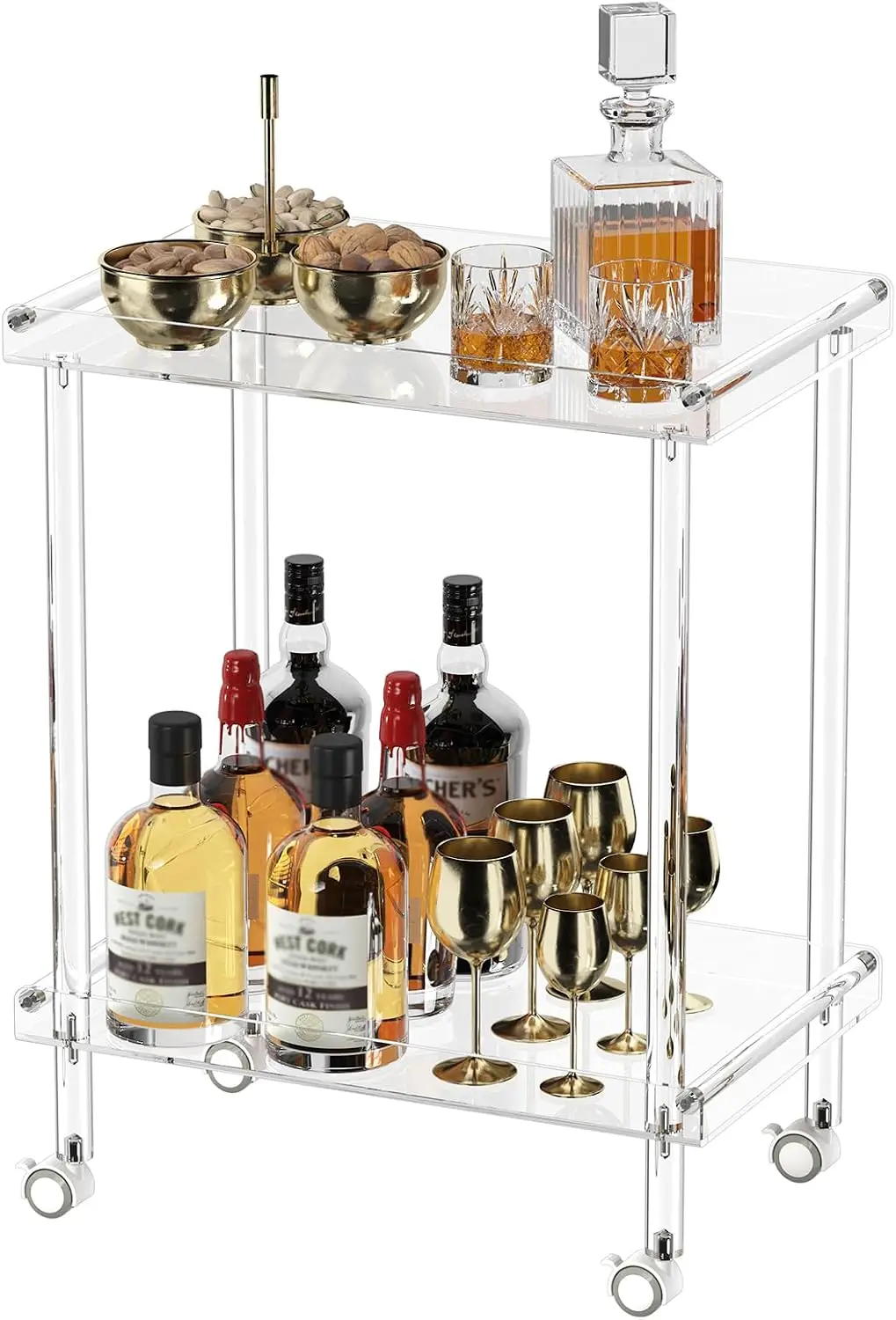 Modern Clear 2-Tier Acrylic Wheeled Serving Cart 23.6×15×30 Inch Rolling Bar Trolley Equipped with 4 Lockable Casters Mobile Beverage Cart for Home Bar Kitchen Living Room Indoor Decor
