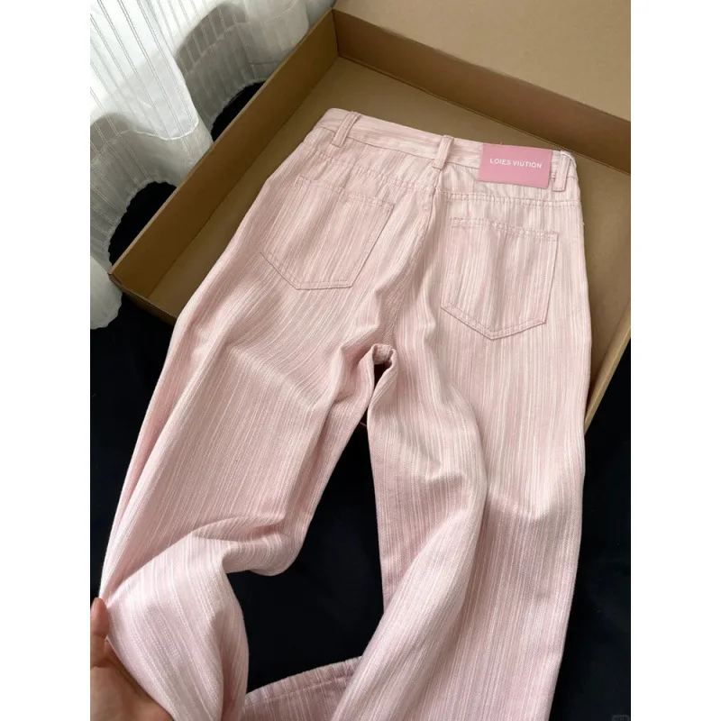 

Korean Style Pink Straight Leg Jeans Women High Waist Slim Fit Wide Leg Denim Pants Casual Stripe Trousers for Daily Wear