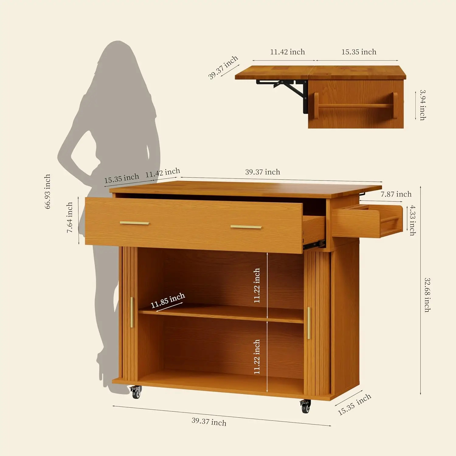 Kitchen Island Cart with Drop Leaf, Sliding Door, Drawers, Spice Rack & 2-Tier Storage, 39.4