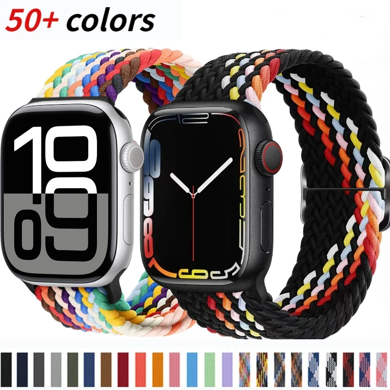 Braided Solo Loop For Apple Watch Band 45mm 44mm 40mm 42mm 46mm Ultra 10 9 8 7 6 5 4 SE 2 Adjustable Elastic iWatch Nylon Strap