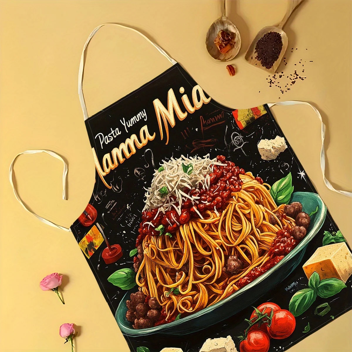 1pc Linen Apron, Pasta-Themed Printed Apron, Home Kitchen Cooking and Baking Apron, Italian Cuisine Theme Apron