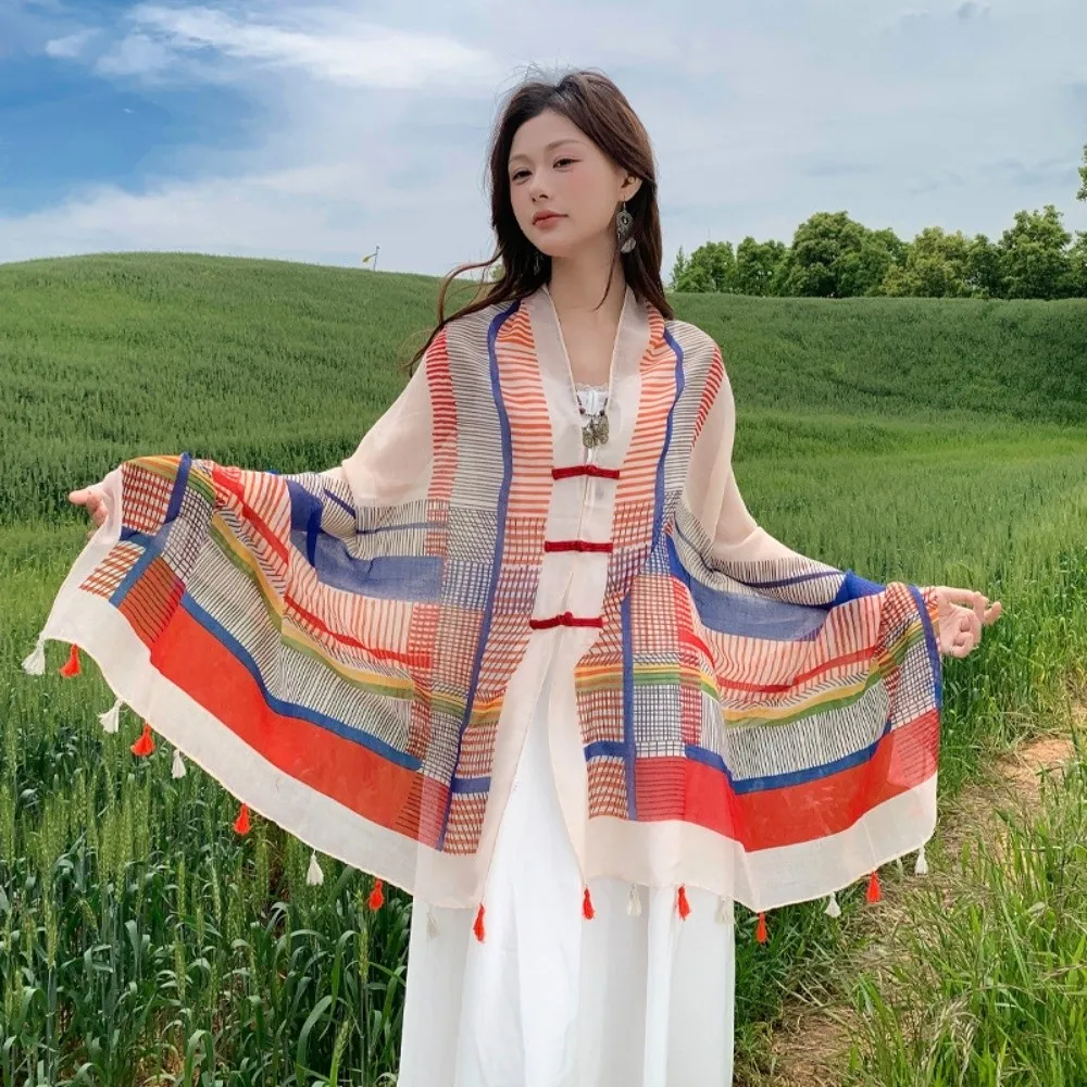 

Fashion Knot Button Sunscreen Scarf Shawl Tassels Flower Cardigan Cape Thin Soft National Style Cloak Outdoor