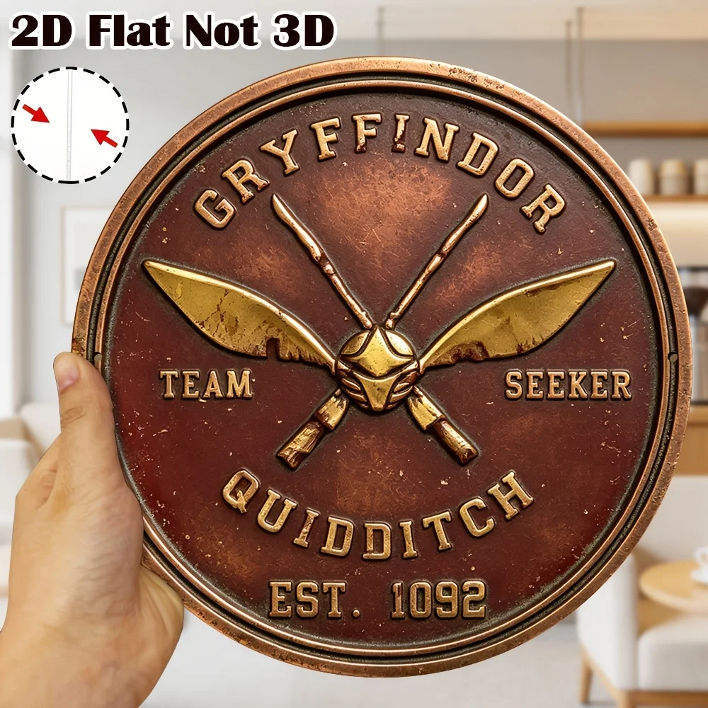 2D Flat, 1pc, 20X20Cm, Round Vintage Metal Tin Sign, Gryffindor Quidditch Team Seeker Wall Plaque, Pub Garage Man Cave Wall Orna