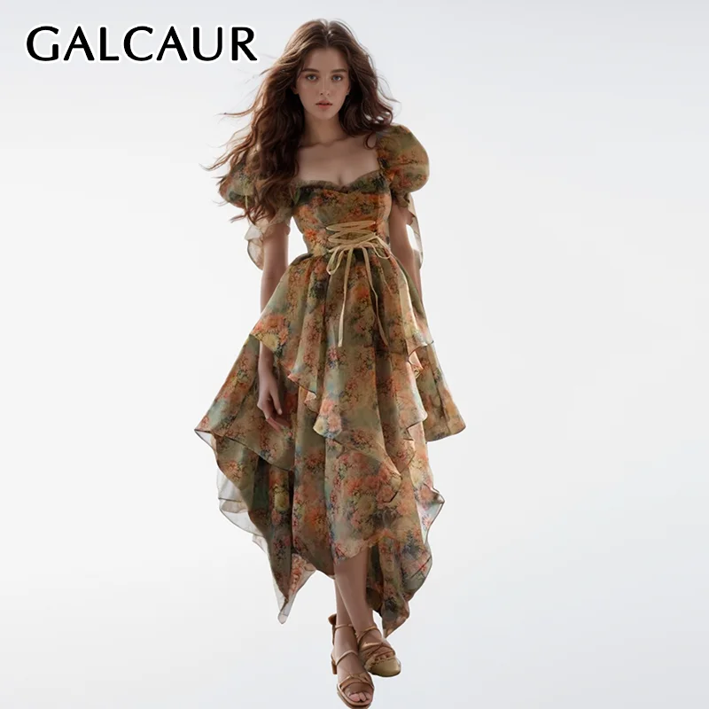 

GALCAUR Chic Printing Dress For Women Square Collar Puff Sleeve Backless High Waist Patchwork Lace Up Colorblock Dresses Female