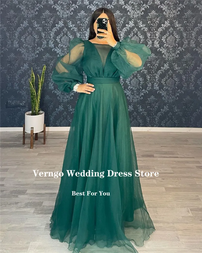 Verngo Modest Arabic Wome Long Sleeves Evening Dress Bateau Neck Organza Fuschia Green Prom Gown Wedding Party Dress Customized